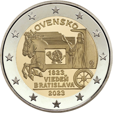 2 € - Pravidelná expresná pošta na trase Viedeň - Bratislava - 200. výročie 2023 PROOF
